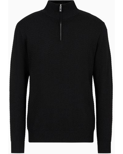 Emporio Armani Half-zip, Mock-neck Sweater In A Wool Blend With Chevron Links-stitch Motif - Black