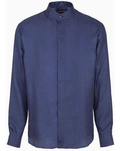Giorgio Armani Silk Shirt With Jacquard Stripes - Blue