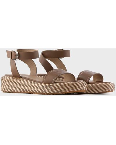 Emporio Armani Leather Sandals With Basketweave Wedge - Multicolor