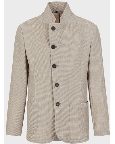 Emporio Armani Jacket With Guru Collar In Stretch Wool With 3d Effect - Natural