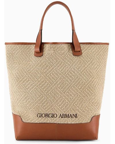 Giorgio Armani Woven Linen And Leather Shopper Bag - Natural