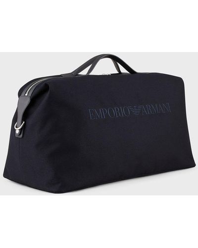 Emporio Armani Canvas Weekend Bag With Leather Details - Blue