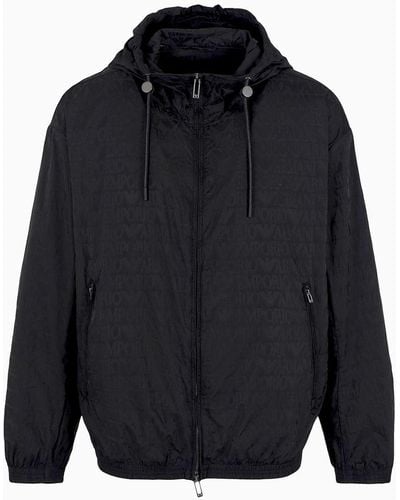 Emporio Armani Lightweight Nylon, Hooded Zip-up Blouson With All-over Jacquard Lettering - Blue