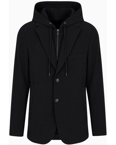 Emporio Armani Blazer With Dickey And Hood, Made Of Canneté Fabric - Black