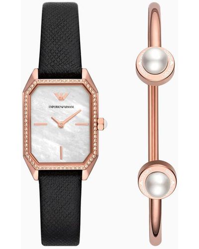 Emporio Armani Two-hand Black Leather Watch And Rose Gold-tone Stainless Steel Bracelet Set - White