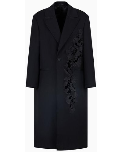 Emporio Armani Cappotto Monopetto In Gabardina Compatta Di Lana Vergine Con Ricamo Gingko E Cut Out - Nero