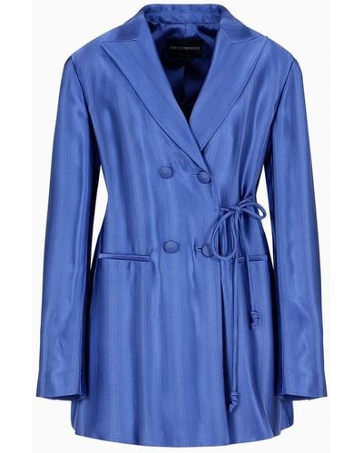 Emporio Armani Long Double-breasted Jacket In Jacquard Viscose With Diagonal Gradient-effect Motif - Blue