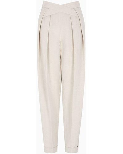 Emporio Armani Pantaloni Con Pinces E Dettaglio Crossed In Tessuto Panama Misto Lino - Bianco