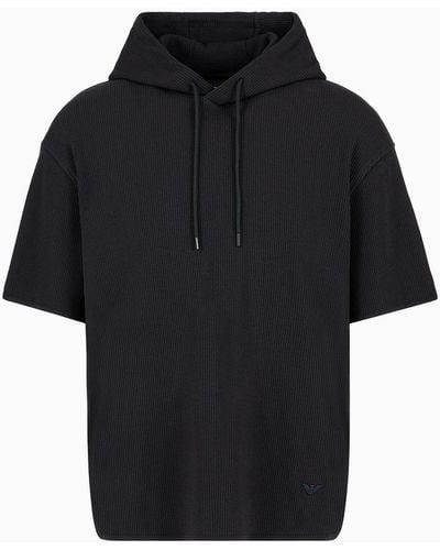 Emporio Armani Short-sleeved Hooded Sweater In Canneté Jersey - Black