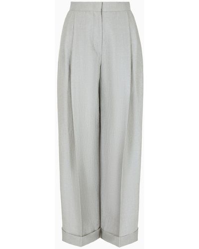 Emporio Armani Icon Asv Pants With Turn-ups In A Flowing Linen And Lyocell Blend Armure Fabric - Gray