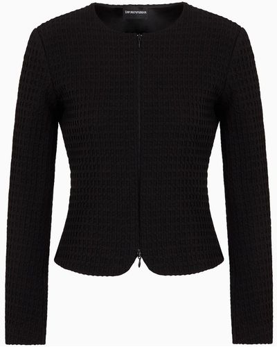 Emporio Armani Waffle-effect Knit Jacket With Zip And Peplum - Black