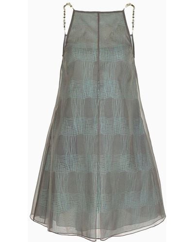 Emporio Armani Flared Dress In Check-embroidered Organza - Gray