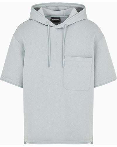 Emporio Armani Short-sleeved Double-jersey Hooded Sweatshirt With A Patch Pocket - Grey