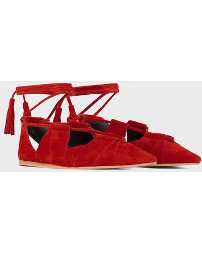 Emporio Armani Velour Leather Pointed Ballerinas With Ties - Red