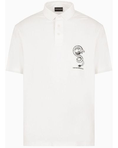 Emporio Armani Armani Sustainability Values Lyocell-blend Jersey Polo Shirt With Dragon Embroidery - White