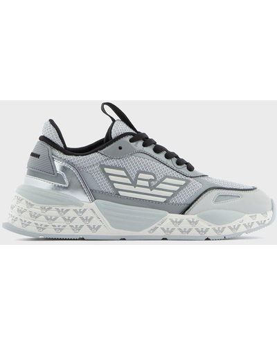 Emporio Armani Nubuck Sneakers With Mesh And Patent Details - Gray