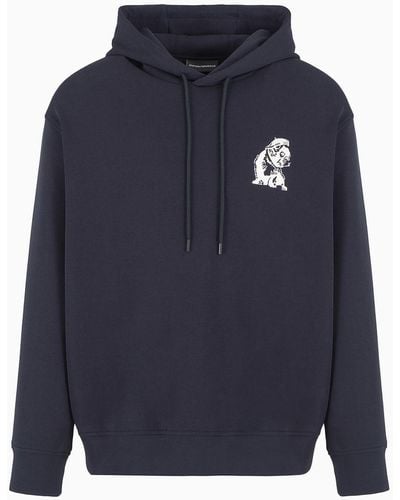 Emporio Armani Double-jersey Hooded Sweatshirt With French Bulldog Embroidery - Blue