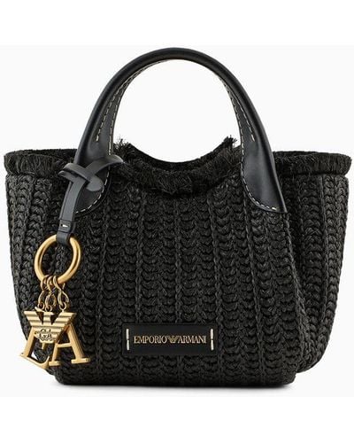 Emporio Armani Woven Straw Handbag With Logo Charm - Black