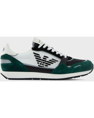 Emporio Armani Mesh Sneakers With Suede Details And Oversized Eagle - Green
