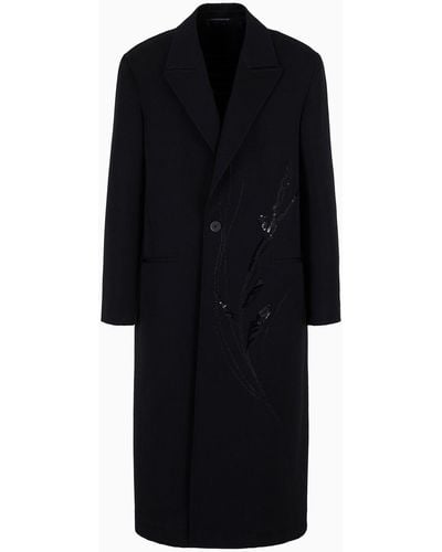 Emporio Armani Wool-gabardine Coat With Nature-themed Sequin Embroidery - Black