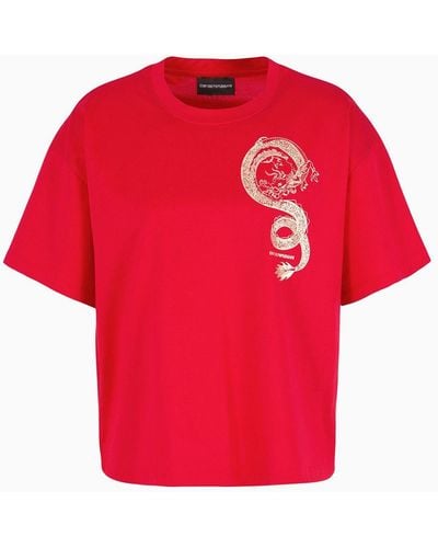 Emporio Armani Camiseta De Punto Mercerizado Con Estampado De Dragón - Rojo