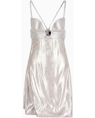 Giorgio Armani Silk And Tulle Short Dress With Rhinestone Embroidery - White
