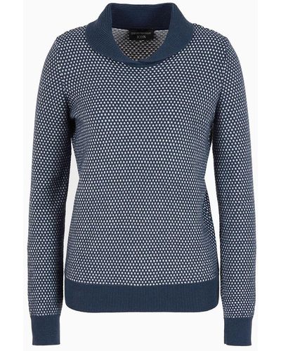 Emporio Armani Icon Two-tone Jumper With A Jacquard Op-art Motif - Blue