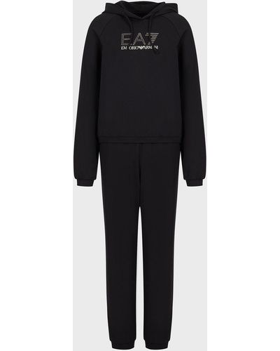 Emporio Armani Stretch Organic Cotton And Modal Tracksuit With Rhinestone Logo - Black