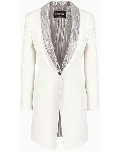 Giorgio Armani Long Single-breasted Jacket In Embroidered Silk - White