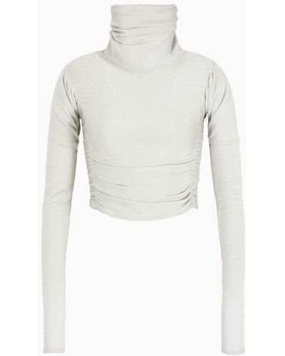 Giorgio Armani Cropped Mock-neck Sweater In Viscose Jersey And Lurex - White