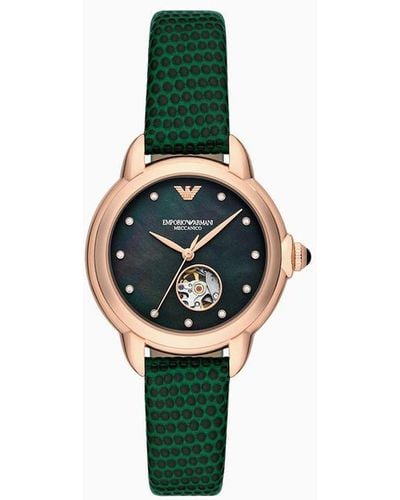 Emporio Armani Automatic Green Leather Watch - White