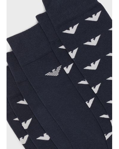 Emporio Armani Three-pack Of Socks With Jacquard Eagle - Blue