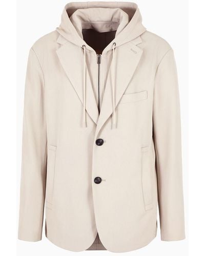 Emporio Armani Blazer With Dickey And Hood, Made Of Canneté Fabric - Natural
