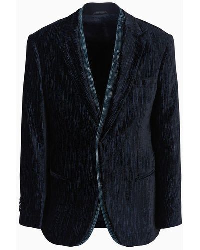Giorgio Armani Soho Line Single-breasted Tuxedo Jacket In Rhinestoned Velvet - Blue