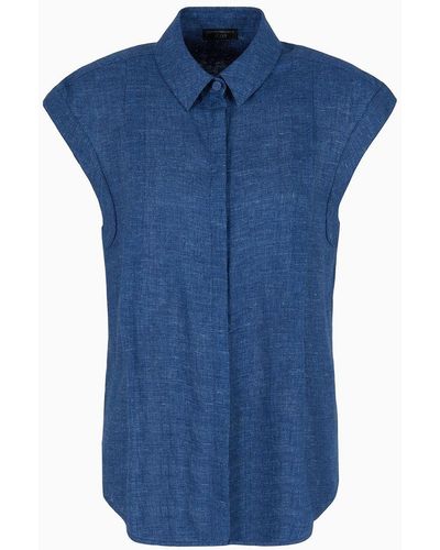 Emporio Armani Icon Short-sleeved Shirt In Washed Linen - Blue