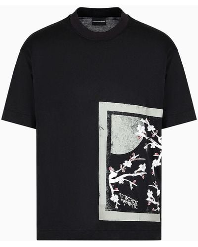 Emporio Armani Asv T-shirt Aus Einer Jersey-lyocell-mischung, Mit Stickerei Und Orient-print - Schwarz