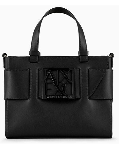 Armani Exchange Medium Tote Bag With Double Handles And Shoulder Strap - Black