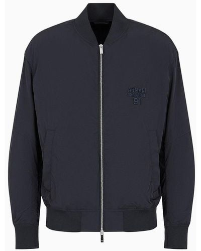 Armani Exchange Bomber Jacket In Full Zip Crinkle Fabric - Blue