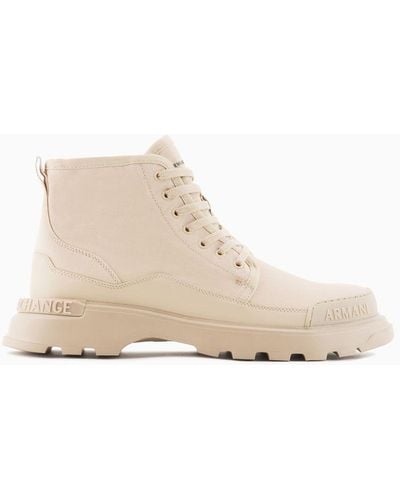 Armani Exchange Cotton Canvas Combat Boots With Coated Rubber - Natural