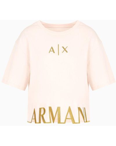 Armani Exchange Cropped Jersey T-shirt With Maxi Logo On The Profile - Natural