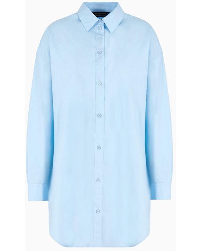 Armani Exchange Long Shirt In Asv Organic Cotton Poplin - Blue