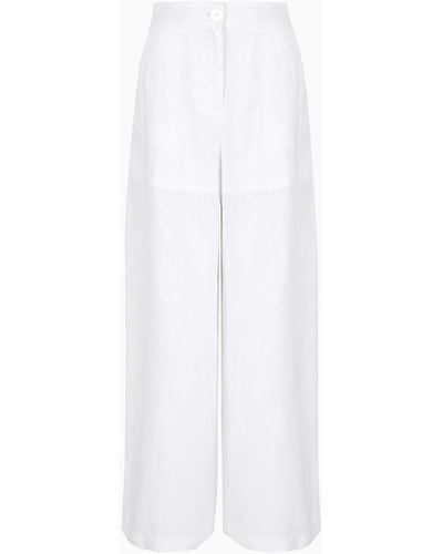 Armani Exchange Palazzo Trousers In Linen And Cotton - White