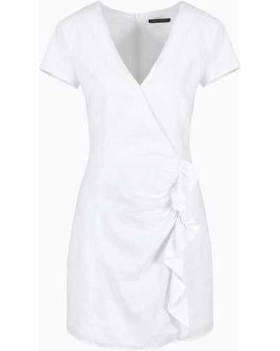 Armani Exchange Linen Blend Tulip Dress With Ruffles - White