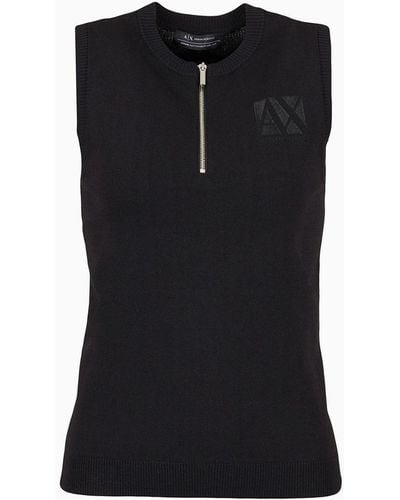 Armani Exchange Asv Knitted Zip Neckline Logo Top - Black
