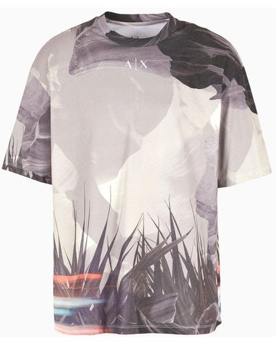 Armani Exchange T-shirt Comfort Fit Con Stampa Foliage Allover - Grigio
