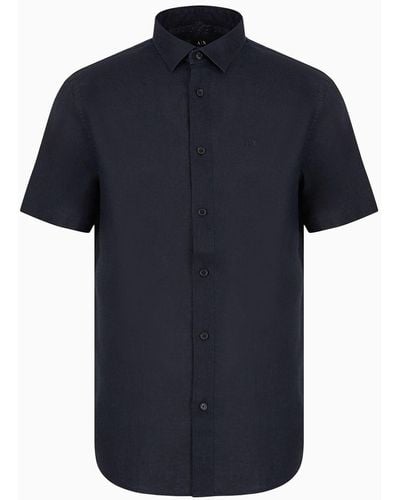 Armani Exchange Camicia Regular Fit In Puro Lino A Maniche Corte - Blu