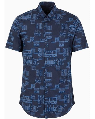Armani Exchange Slim-fit Shirt With Short Sleeves In Patterned Cotton - Blue