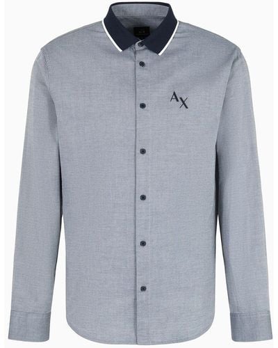 Armani Exchange Regular Fit Shirt In Yarn Dyed Cotton Oxford With Logo - Blue