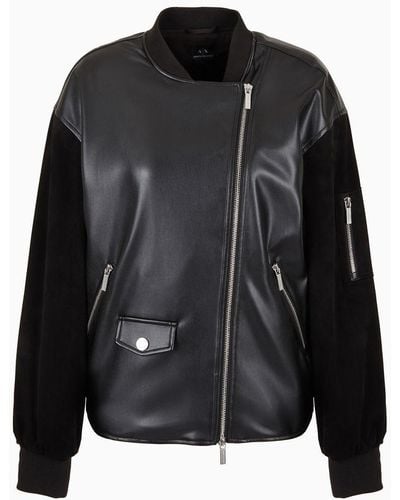 Armani Exchange Faux Leather Contrasting Sleeves Bomber Jacket - Black