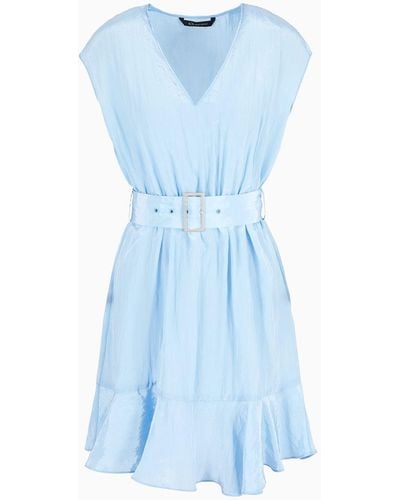 Armani Exchange Flared Sleeveless Ruffle Dress Wrinkle Satin Fabric - Blue